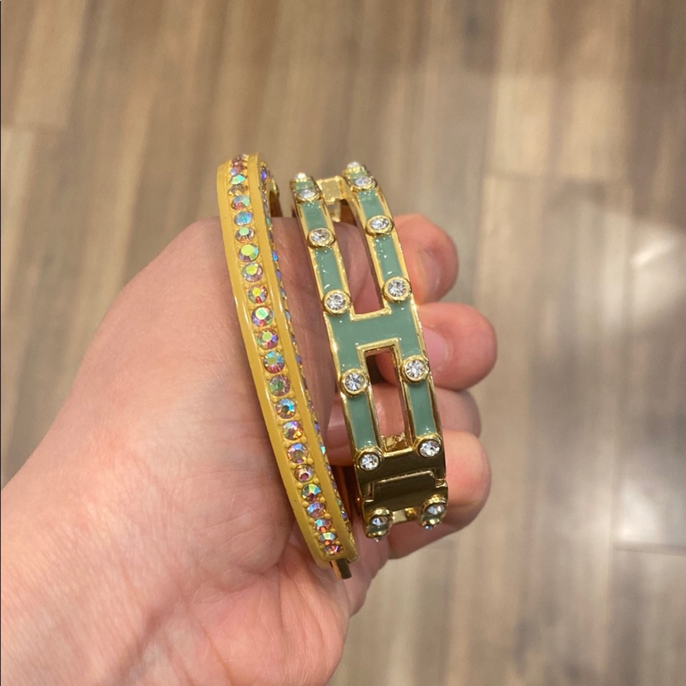 Set of J. Crew Hinge Bracelets: Gold and Green Enamel with Crystals